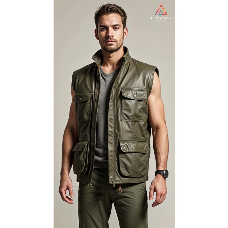 May include: A green leather vest with multiple pockets and a button closure. The vest has a stand-up collar and is sleeveless.