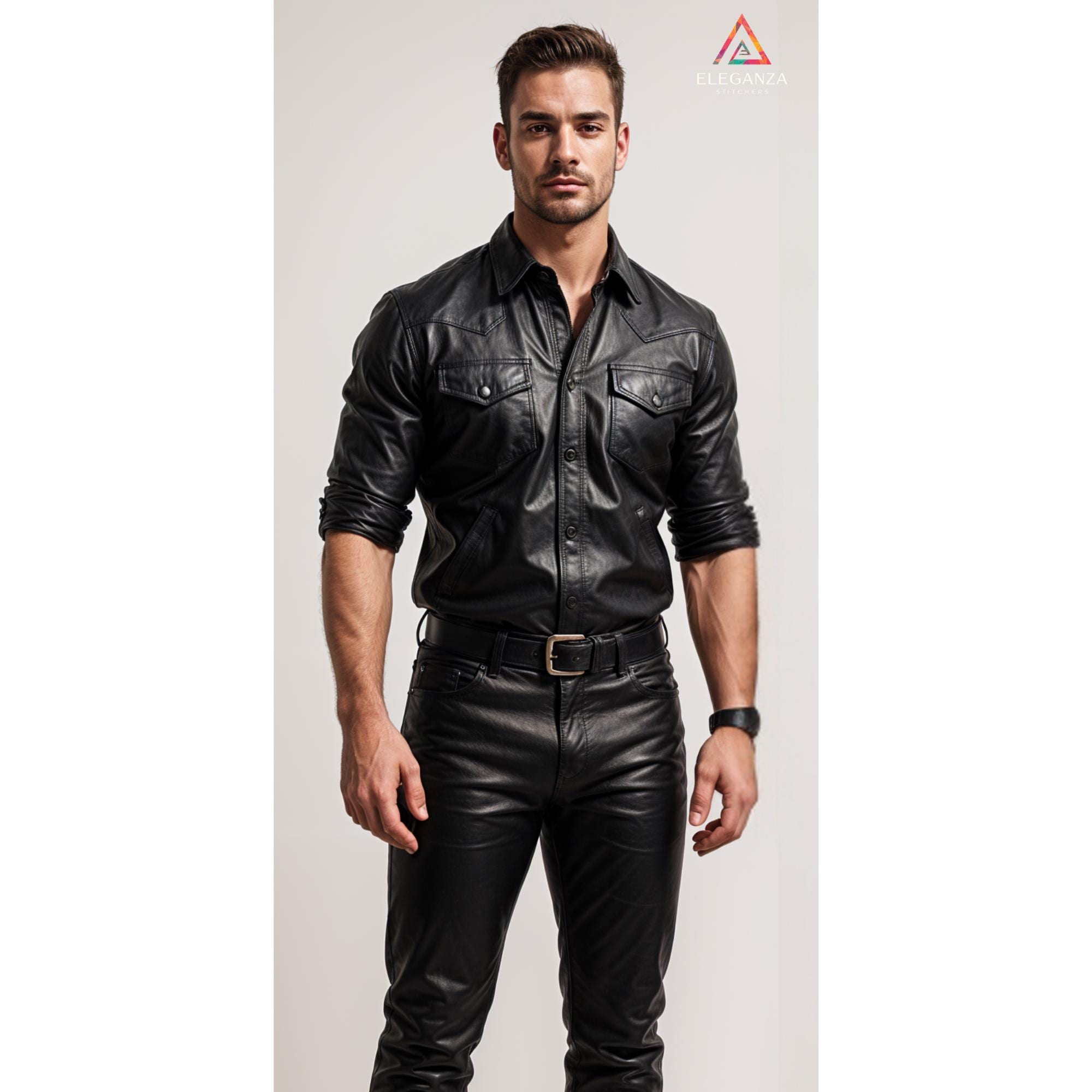 Custom Handmade Black Leather Dress Shirt - Genuine Leather