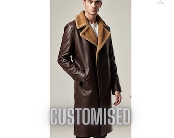 Handmade Brown Leather Long Coat with Fur Collar: Vintage Inspired Winter Fashion