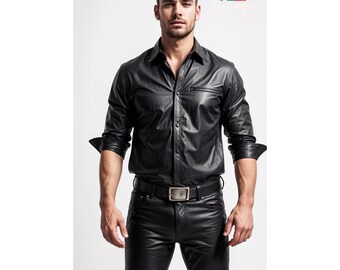 Puede incluir: Una camisa de cuero negro con botones y mangas largas. La camisa tiene un bolsillo con cremallera en el pecho izquierdo.