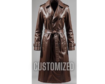 Handmade Customized Brown Genuine Leather Trench Coat