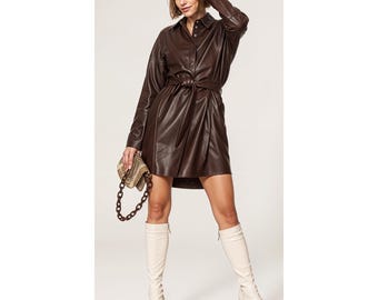 Women Handmade Customized Genuine Brown Leather Dress