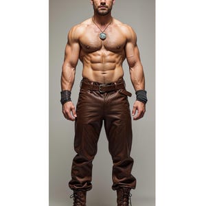 May include: A muscular man wearing brown leather trousers and brown leather boots. He is wearing a brown leather belt with a silver buckle. He has a silver necklace with a round pendant. The background is a light grey.