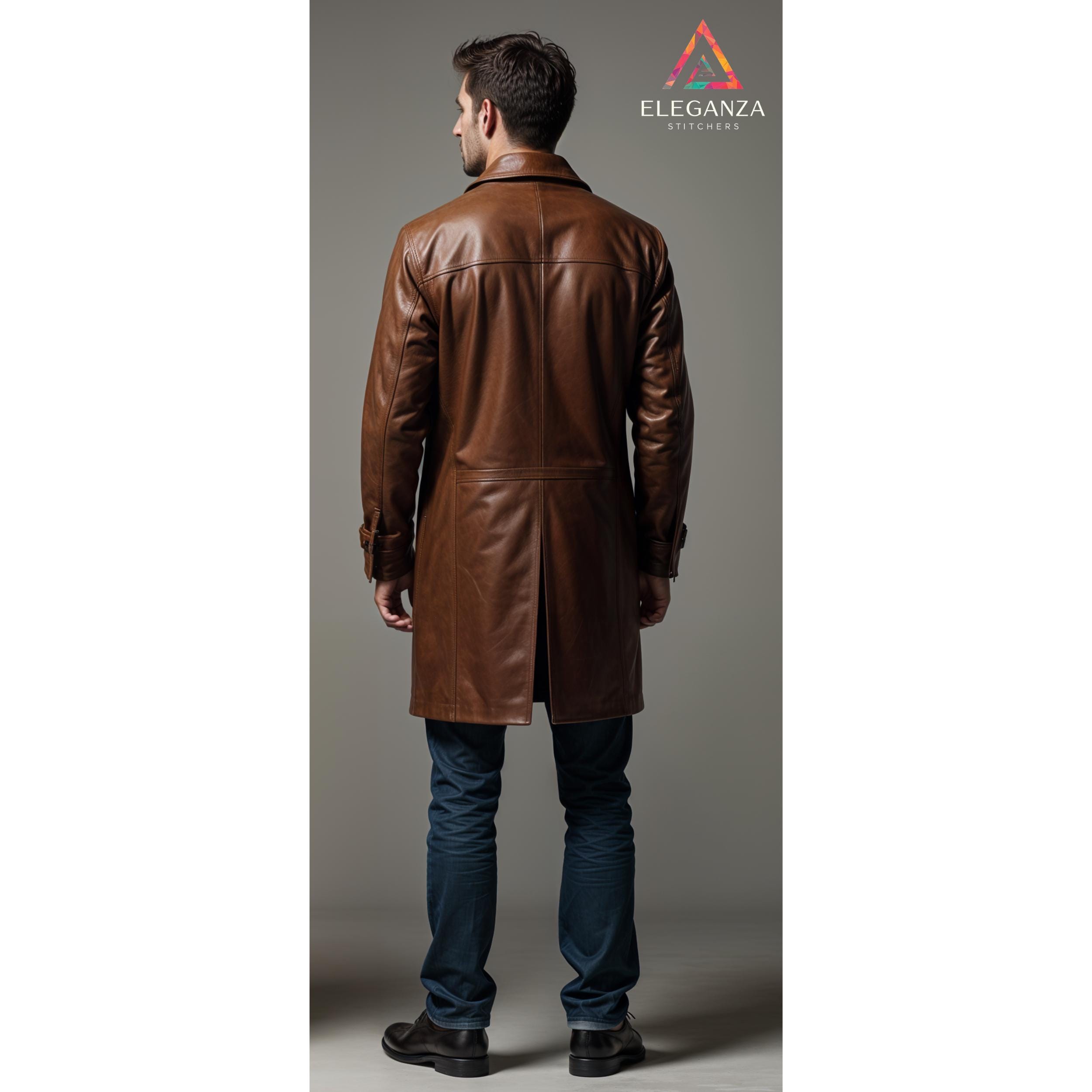 ブラウンレザー ロングコート 男性用ハンドメイドブラウンレザーロングコート：カスタムフィット