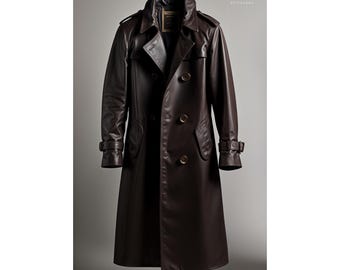 Handmade Genuine Brown Leather Trench Coat: Custom Fit Overcoat