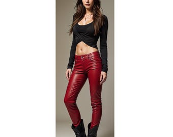 Women Handmade Customized Genuine Red Leather Pants
