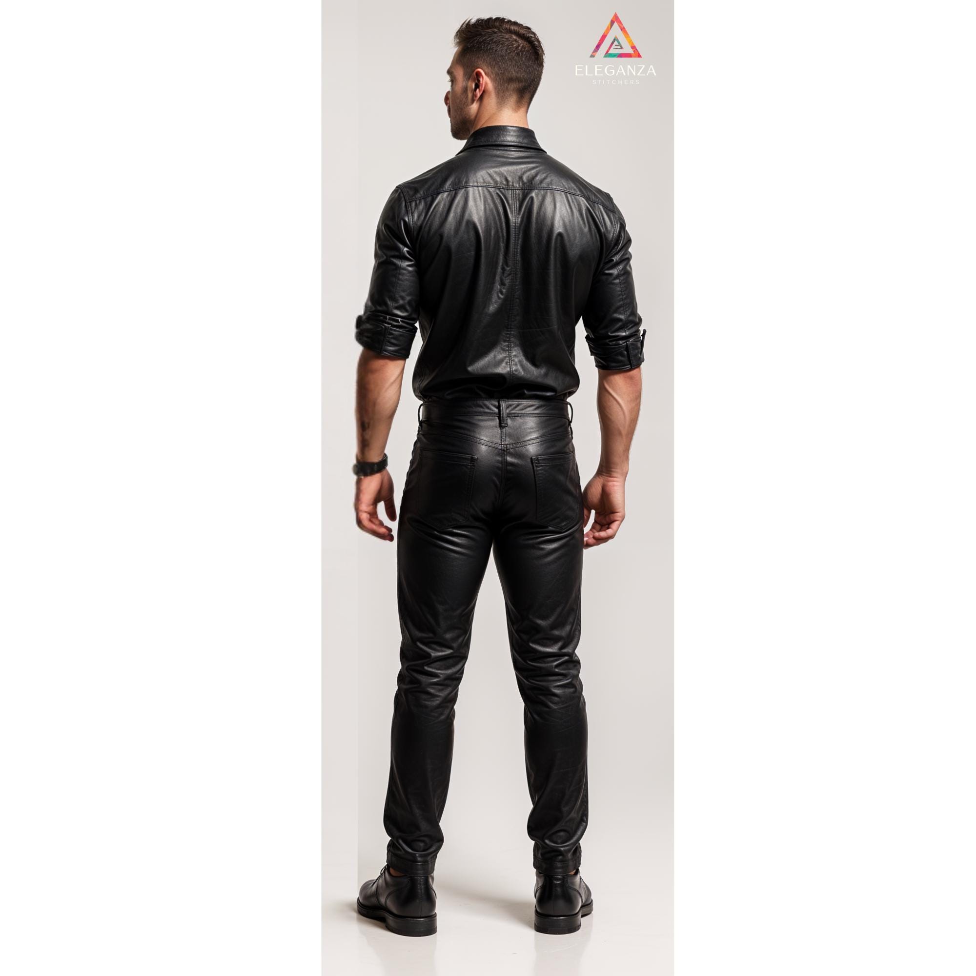 Custom Handmade Black Leather Dress Shirt - Genuine Leather