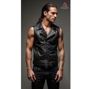 Men Handmade Customized Pure Black Leather Vest / Sleeveless Jacket