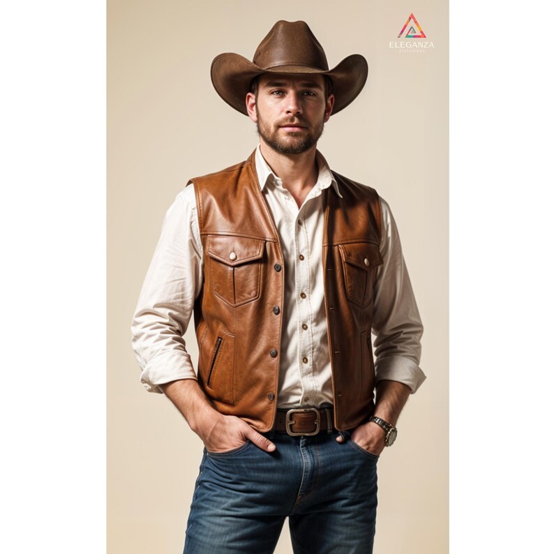 May include: A brown leather vest with a button closure and two flap pockets. The vest is worn over a white button-down shirt and blue jeans. The person is wearing a brown cowboy hat.