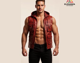 Men Custom Made Genuine Red Leather Sleeveless Hooded Vest