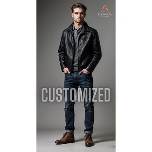 May include: A black leather jacket with a zipper closure and a stand-up collar. The jacket is worn by a person with dark hair and blue jeans. The text "CUSTOMIZED" is printed below the person.