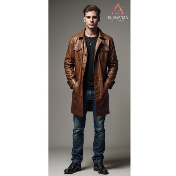 Cuero Hombre Abrigo Forrado De Piel Abrigo Largo De Cuero Marrón