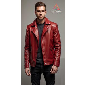 May include: A red leather biker jacket with a zip fastening and several pockets.
