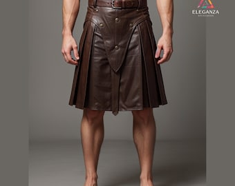 Men Custom Made Genuine Brown Leather Viking Warrior Style Kilt