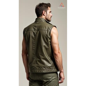 May include: A sleeveless, olive green leather waistcoat with a zip fastening. The waistcoat has a stand-up collar and a back pocket.