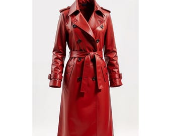May include: A vibrant red leather trench coat with a double-breasted design, a belted waist, and button details. The coat features a classic collar, shoulder epaulettes, and long sleeves. The coat is a stylish outerwear piece.