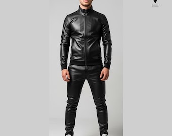 Men Custom Made Customized Genuine Black Leather Track Suits