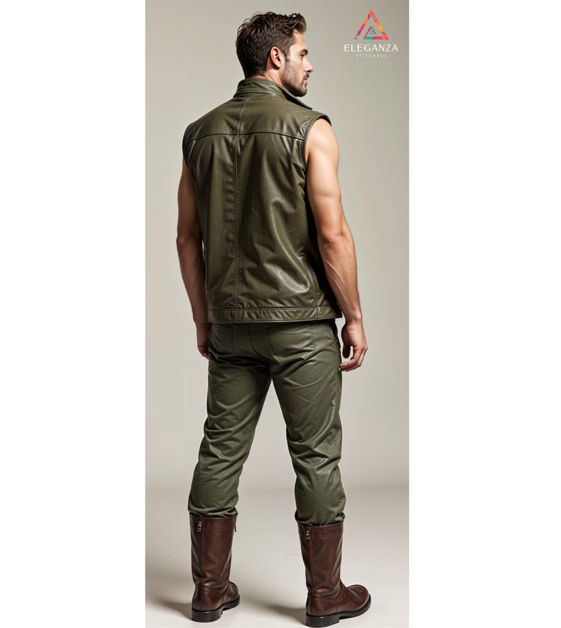 May include: A sleeveless green leather waistcoat with a zip fastening and a collared neckline. The waistcoat is worn over a green shirt and paired with green trousers and brown boots.