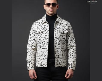 Men's Handmade Genuine White Hair On Skin CowHide Jacket