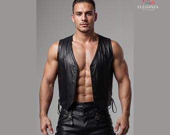 Men Custom Made Genuine Black Leather Bartender Style Vest