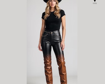 Women's Handmade Customized Genuine Black and brown Leather Pants