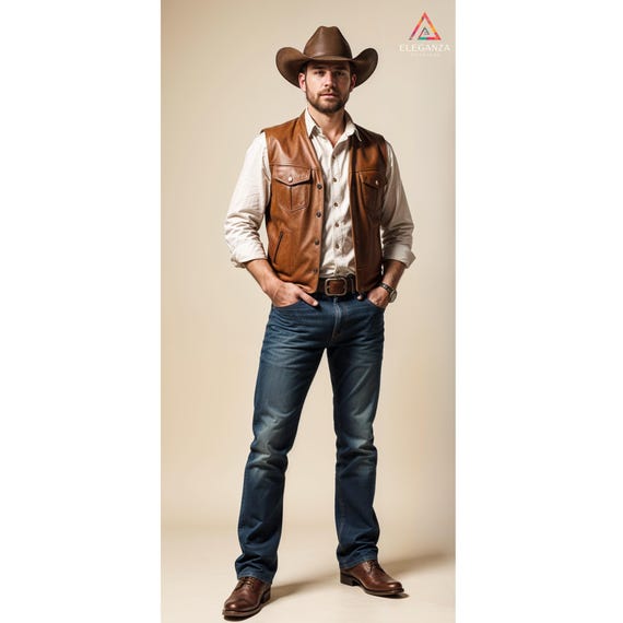 Men Handmade Customized Genuine Brown Leather Cow Boy Rodeo Vest