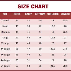 May include: Size chart for clothing with measurements in inches for chest, belly, bottom, shoulder, length, and sleeve length. The chart shows sizes from X-Small to 5X-Large, with corresponding body sizes from 36 to 52 inches.