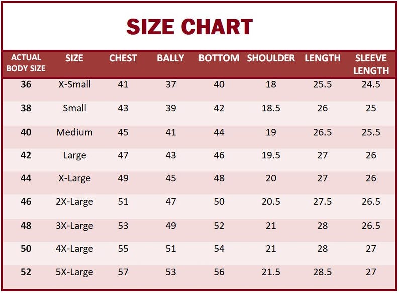 May include: Size chart for clothing with measurements in inches for chest, belly, bottom, shoulder, length, and sleeve length. The chart shows sizes from X-Small to 5X-Large, with corresponding body sizes from 36 to 52 inches.