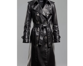 ジャケット・アウター vintage black power shoulder long coat Wvapzxx Women Leather Trench Coat Autumn Winter Stand Collar