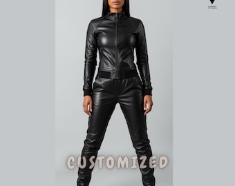 Woman's Handmade Customized Genuine Black Leather Track Suit