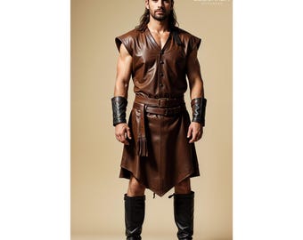 May include: A brown leather kilt with a fringe detail and a matching sleeveless top. The kilt has a belt with a buckle and the top has a button closure. The model is wearing black leather wrist cuffs.