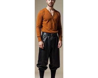 Handmade Customized Medieval Pure Black Leather LARP Pants – Viking, Renaissance, and Pirate Cosplay Trousers