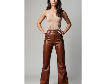 Women Handmade Customized Genuine Brown Leather Palazzo Pants
