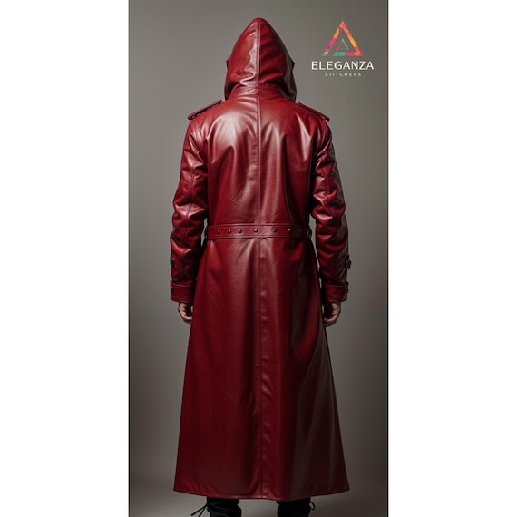 Steampunk Red Long Raincoat Men Handmade Genuine Red Premium