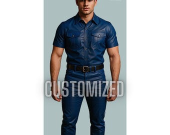 May include: A navy blue leather outfit consisting of a short-sleeved shirt with two chest pockets, matching pants, and a cap. The outfit is accessorized with a black belt. The word "CUSTOMIZED" is displayed in large white letters.