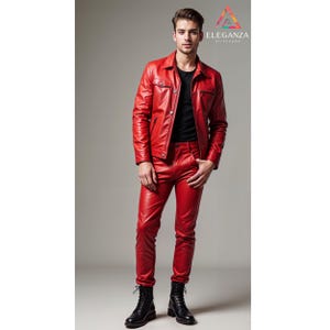 Men Handmade Customized Pure Red Leather Jacket and Pants set