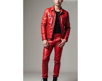 May include: A red leather jacket and matching pants. The jacket has a button closure and a collar. The pants have a slim fit.