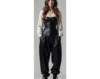 Handmade Customized Pure Black Leather LARP Pants – Viking, Renaissance, and Pirate Cosplay Trousers
