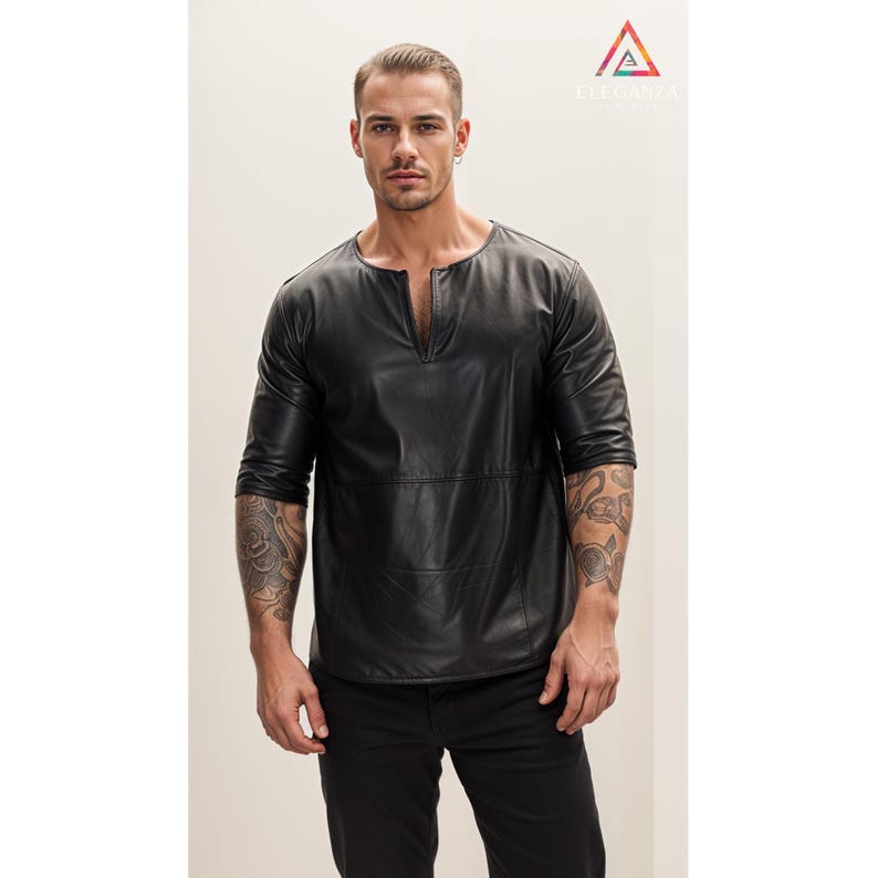 May include: A black leather shirt with a V-neck and three-quarter sleeves.