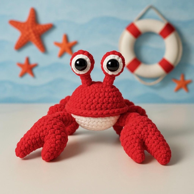 May include: A red crocheted crab toy with white accents and black eyes. The crab is sitting on a white surface with a blue and white background.