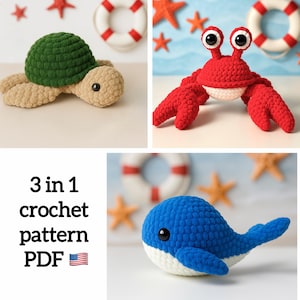 3 in 1 Sea Animals Crochet Pattern Set – Amigurumi Bundle – Beginner Friendly – PDF English