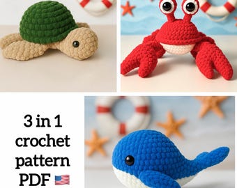 3 in 1 Sea Animals Crochet Pattern Set – Amigurumi Bundle – Beginner Friendly – PDF English