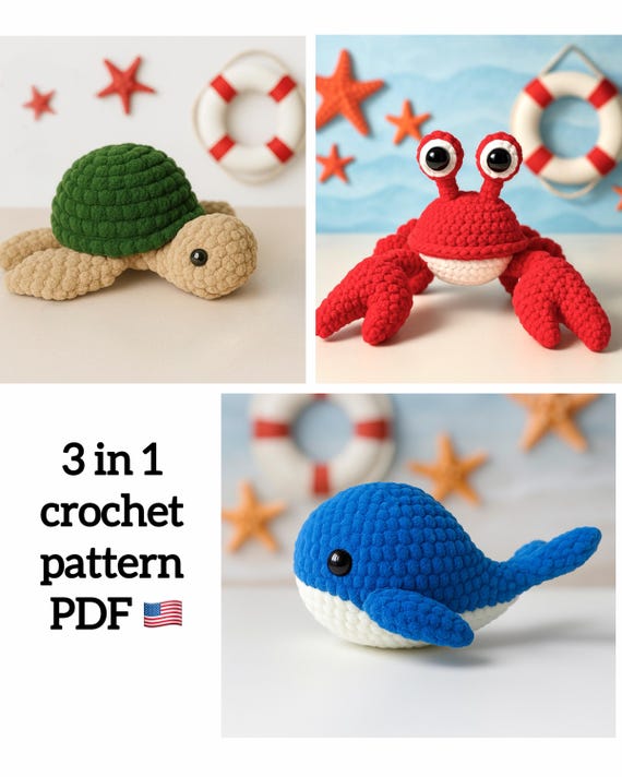 3 in 1 Sea Animals Crochet Pattern Set – Amigurumi Bundle – Beginner Friendly – PDF English