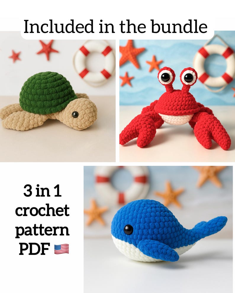 Pode incluir: Um pacote de 3 padr&otilde;es de croch&ecirc; em PDF com tr&ecirc;s peluches: uma tartaruga verde e bege, um caranguejo vermelho brilhante com olhos grandes e uma baleia azul e branca. Cada criatura &eacute; feita com um acabamento de fio texturizado e formas suaves.