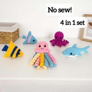 No Sew 4 in 1 Sea Animals Crochet Pattern Bundle | Amigurumi Set | Octopus, Shark, Jellyfish & Fish | Beginner Friendly | Digital PDF