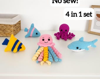 No Sew Sea Animals Crochet Pattern Bundle: Amigurumi Octopus, Shark, Jellyfish, Fish. PDF ENG