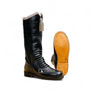 Men&#39;s Black Hessian Leather Long Boots With Silver Trims/Tassels, Custom Hussar Fashion Army Boots, Equestrian Footwear for Men & Women