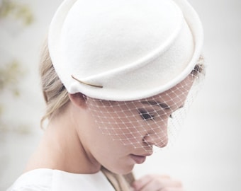 Wedding Birdcage Veil Hat, Custom Made Felt Bridal Cocktail Hat, Brides Percher, Fascinate - Morven