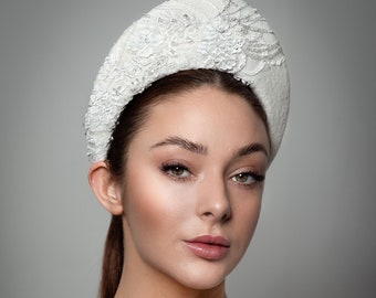 Wedding Headband, Unique Bridal Headdress, Fascinator for Brides, Flower Lace Pattern - Evangeline