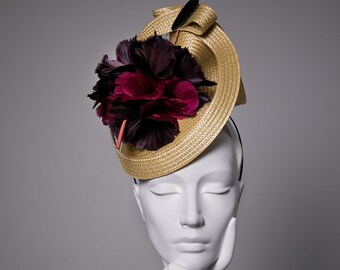 Hat for The Races, Garden Parties, Wedding Millinery, Headpiece with Feather Flowers - Mae